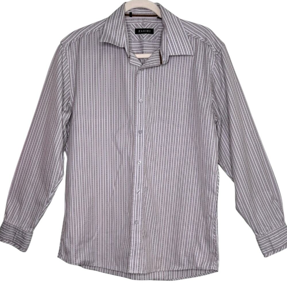 ZAGARI Tan Blue Striped Button Down Men's Shirt Medium